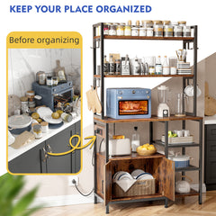 Snhomee 6-Tier Bakers Rack With Outlet, Microwave Stand With Storage Cabinet, 8 Side Hooks & Utility Shelf For Kitchen