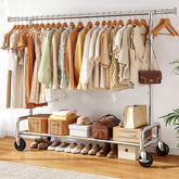 Rolling Clothes Rack with Shelf, Adjustable Clothes Rack with Bottom Shelf & 4 Hooks for Hanging