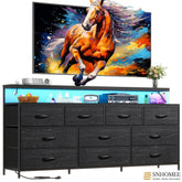 55" Wide LED Dresser with Power Outlets & 10 Drawers | Large Metal Frame & Wood Top Storage Organizer for Bedroom-Charcoal Black-snhomee