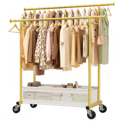 Double Rod Clothing Rack with Storage Bag & Sturdy Wheels, rolling clothing racks,Metal Garment Rack for Closet Organizers and Storage