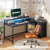 Snhomee L Shaped Computer Desk with Drawers, LED Lights & Power Outlet, Reversible Design Office Desk with Monitor Stand for Gaming & Home Offic