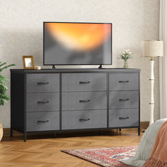 Snhomee Dresser TV Stand with 9 Drawers, Sturdy Metal Frame & Wood Top, Bedroom, Living Room, Hallway, Dorm room essentials, Back to school TV Stand Drawers