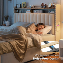 Snhomee Storage Bed with Upholstered Headboard-beige