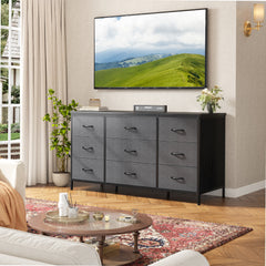 Snhomee Dresser TV Stand with 9 Drawers, Sturdy Metal Frame & Wood Top, Bedroom, Living Room, Hallway, Dorm room essentials, Back to school TV Stand Drawers