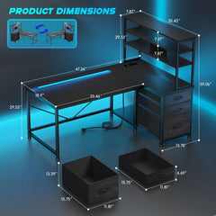 Snhomee L-Shaped Computer Desk with Drawers, 3-Tier Storage Shelves, LED & Charging Station, Reversible Corner Gaming Desk for Home Office