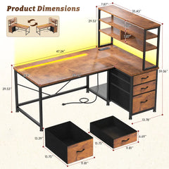 Snhomee L-Shaped Computer Desk with Drawers, 3-Tier Storage Shelves, LED & Charging Station, Reversible Corner Gaming Desk for Home Office