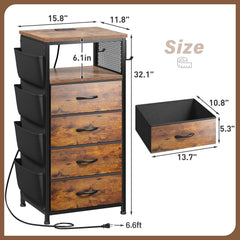 Bedside Table with Charging Station & LED Lights - Nightstand, 4-Drawer Fabric Dresser Organizer with Pockets for Bedroom/Closet/Hallway (Brown)-Brown-1-snhomee