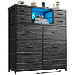 Snhomee 10 Fabric Drawers Bedroom Dresser with LED Lighting and Built-in Charging Station for Closet, Hallway or Bedroom