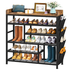 Snhomee Shoe Rack 6 Tier Metal Shoe Rack for Entryway Holds 24 Pairs, Wooden Top and Side Pocket for Entry, Entrance, Hallway, Black
