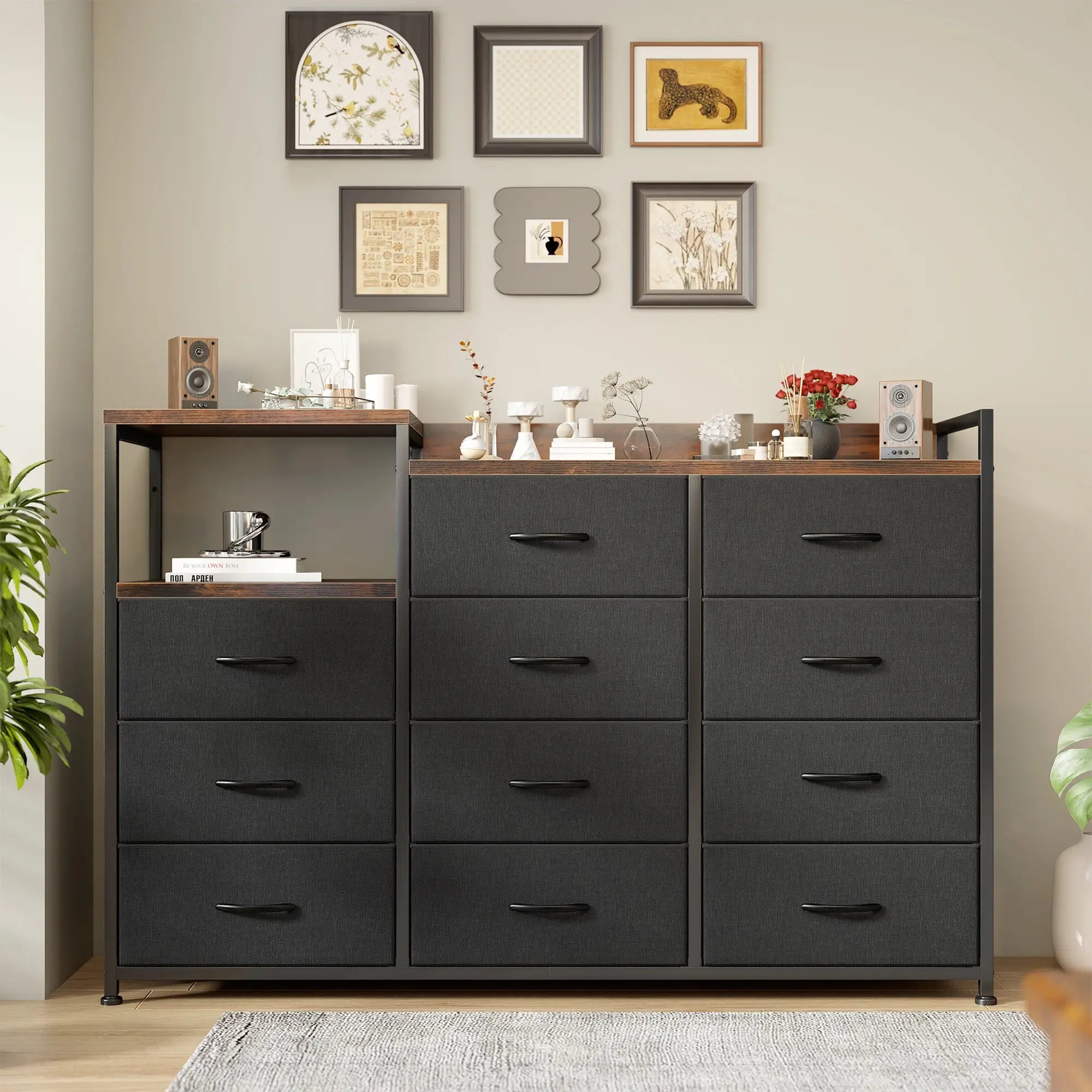 Dresser with Shelves – Wide Bedroom Storage Cabinet & TV Stand with Wood Top and Metal Frame Grey