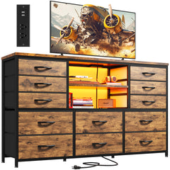 Snhomee 12-Drawer LED Dresser with USB Outlets - 60'' TV Stand for Bedroom & Living Room, Metal Frame Storage Cabinet 49''W x 35''H