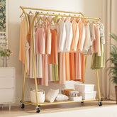 Snhomee Double-Rod Clothing Rack with Wheels, Rust-Resistant Clothes Rack with Bottom Shelf & Curved Supports for Long Coats