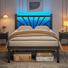 Snhomee Metal Bed Frame with LED Backlight, Storage Space, 1800lbs Weight Capacity & Quiet Structure