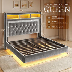 Snhomee Bed Frame Floating With Led Lights & Charging Station, Upholstered Platform Bed With Velvet Storage Headboard, Heavy Duty Metal Slats/No Box Spring Needed/Easy Assembly/Noise Free