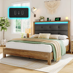 Snhomee LED Bed with Charging Station, Upholstered Storage Headboard and Solid Wooden Slats, Heavy Duty Platform Bed Frame, No Box Spring Required, Noise-Free & Easy Assembly