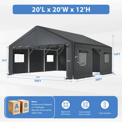 The 20'L × 20'W × 12'H carport offers a generous footprint with a 12-foot peak height for comfortable vehicle access and outdoor storage.