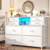 Snhomee 8-Drawer Dresser with LED Lights and Built-in Charging Station, Durable Storage Chest with Open Shelves for Bedroom, Living Room, or Hallway