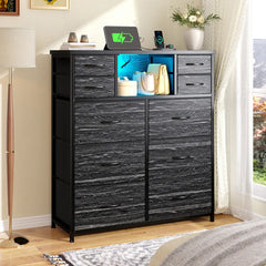 Snhomee 10 Fabric Drawers Bedroom Dresser with LED Lighting and Built-in Charging Station for Closet, Hallway or Bedroom