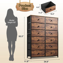 Snhomee 12 Drawer Dresser with Storage Organizer Chest , Large Fabric Dressers & Chest of Drawers with Sturdy Metal Frame, Wood Top, Dresser Drawer for Closet, Entryway, Hallway