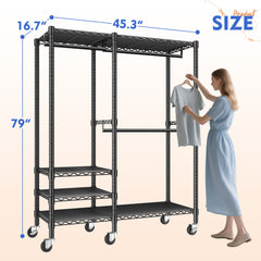 Snhomee Heavy Duty Clothes Rack with Wheels, Freestanding Portable Closet, Rolling Garment Rack For Hanging