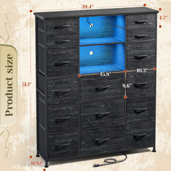 15-Drawer Smart Dresser with Charging Station & LED Lights - 51" Tall Fabric Storage Organizer, Steel Frame, Wood Shelves | No Assembly Hassle, Anti-Tip Safety, for Bedroom, Closet, Hallway