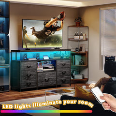 55" Media Entertainment Center Dresser with LED & Power Outlets | 7 Fabric Drawers & Wood Shelves | Bedroom/Living Room TV Stand with Sturdy Metal Frame-Black-snhomee