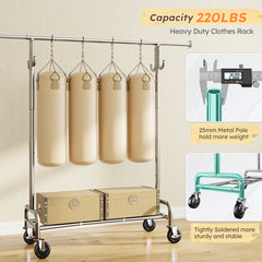Rolling Clothes Rack with Shelf, Adjustable Clothes Rack with Bottom Shelf & 4 Hooks for Hanging