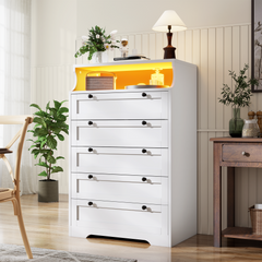 Snhomee 5-Drawer Tall Dresser with LED Lights & Shelves – Modern Storage Cabinet for Bedroom, Living Room & Entryway