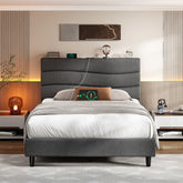 Snhomee Upholstered Bed Frame with Storage Headboard & Charging Station - USB Ports, Adjustable Fabric Headboard, Noise-Free Design, No Box Spring Needed, Beds On Sale