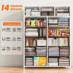 Snhomee Dresser for Bedroom with 14 Drawers, Tall Dressers for Bedroom, Sturdy Metal Frame & Wood, Top Large Fabric Chest of Drawers, Closet, Livingroom