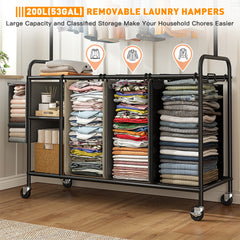 Snhomee 200L Rolling Laundry Sorter with Hanging Bar & 3 Bags - Wheeled Hamper Organizer