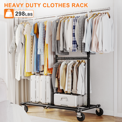 Snhomee Garment Rack with Wheels, Adjustable Height & Width, 298 lbs Heavy-Duty Clothes Rack for Hanging