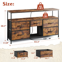 50" LED TV Stand with 5 Drawers & Outlets | Metal Dresser for Bedroom/Living Room-Rustic Brown-snhomee