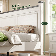 Snhomee Farmhouse Wood Platform Bed Frame with 2 Storage Drawers, 51.25" Tall Headboard, Reinforced Slat Support, Noise-Free, No Box Spring Needed, 900 lbs Weight Capacity