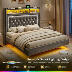 Snhomee Bed Frame Floating With Led Lights & Charging Station, Upholstered Platform Bed With Velvet Storage Headboard, Heavy Duty Metal Slats/No Box Spring Needed/Easy Assembly/Noise Free