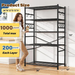 Snhomee 36" W Storage Shelves with Hooks, Heavy Duty Garage Shelving Unit with Leveling Feet, Easy Assembly Shelving Unit for Pantry, Kitchen, Laundry Room