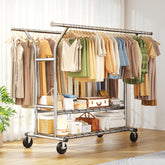 Snhomee 630 LBS Heavy Duty Expandable Metal Clothes Rack with 2 Shelves & Lockable 360° Wheels, Snap-Fit Assembly for Bedroom Laundry Room