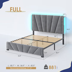 Snhomee LED Platform Bed Frame with Charging Station & Adjustable Velvet Storage Upholstered Headboard - 881LBS Heavy Duty, Noise-Free Platform Bed