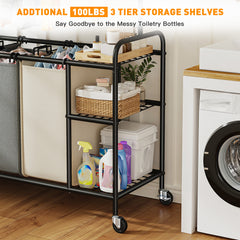 Snhomee 200L Rolling Laundry Sorter with Hanging Bar & 3 Bags - Wheeled Hamper Organizer