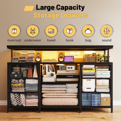 55" Media Entertainment Center Dresser with LED & Power Outlets | 7 Fabric Drawers & Wood Shelves | Bedroom/Living Room TV Stand with Sturdy Metal Frame-Black-snhomee