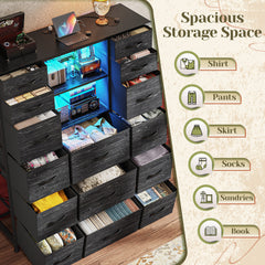 15-Drawer Smart Dresser with Charging Station & LED Lights - 51" Tall Fabric Storage Organizer, Steel Frame, Wood Shelves | No Assembly Hassle, Anti-Tip Safety, for Bedroom, Closet, Hallway