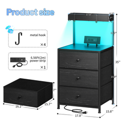 Tall LED Nightstand with Charging Station & 3-Drawer Shelves | Bedside Table with USB/AC Outlets & 4 Hooks-Black-snhomee