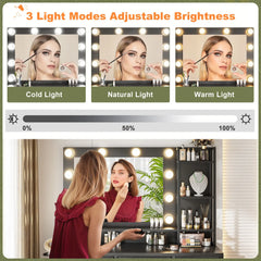 3 modes adjustable brightness of enhomee modern black vanity desk with lights and drawers