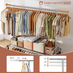 Snhomee 75"W 485LBS Clothes Rack, Metal Garment Rack With Wheels, Adjustable Rolling Clothing Rack, Portable Clothes Rack For Bedroom