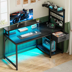 Snhomee 40" Computer Desk with Built-in Charging Station and LED Lights, Quick Setup Gaming Desk with Drawer and Monitor Riser, Compact Study Desk for Small Spaces