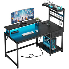 Snhomee 40" Computer Desk with Built-in Charging Station and LED Lights, Quick Setup Gaming Desk with Drawer and Monitor Riser, Compact Study Desk for Small Spaces