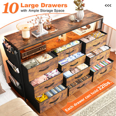 55" Smart TV Stand & Dresser | 10-Drawer Storage with LED Lights & Outlets | Metal/Wood Frame-Black-snhomee