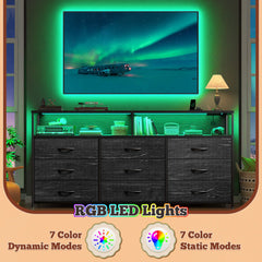 Snhomee Dresser TV Stand with 9 Drawers & Charging Station– 55" Wide Media Console LED lights & Wood Shelves for Bedroom, Living Room, or Dorm