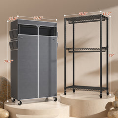 Heavy Duty Rolling Clothing Rack with Cover & Adjustable Height - Wheeled Garment Rack for Hanging Clothes, Portable Closet Organizer 35.5x15.7x79 Inches-Black-snhomee