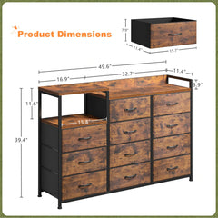 Snhomee 11-Drawer Dresser with Shelves – Wide Bedroom Storage Cabinet & TV Stand with Wood Top and Metal Frame